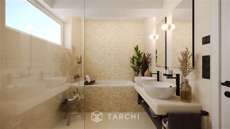 Ilustrácia modernej kúpeľne s otvoreným oknom a rastlinami.