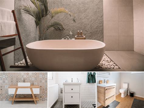 Koláž rôznych kúpeľňových interiérov s dominantnými prírodnými materiálmi a farbami.