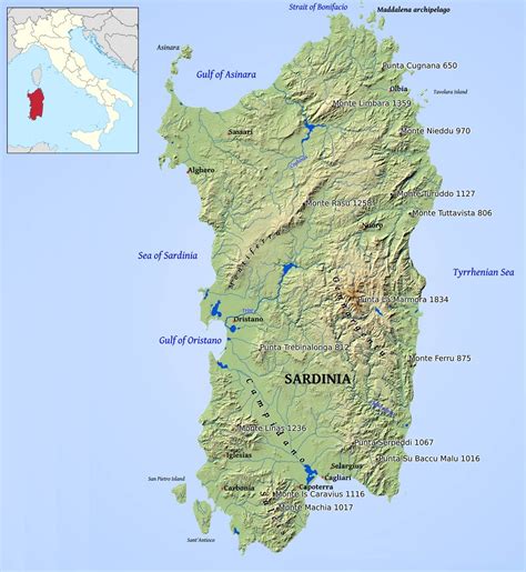 mapa Sardínie s vyznačeným Orosei