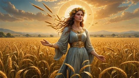 Ilustrácia bohyne Démétér so snopom obilia a vencem z kvetov