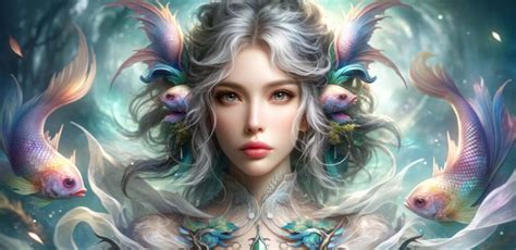 Žena Ryba s jemným úsmevom, obklopená kvetmi a motýľmi