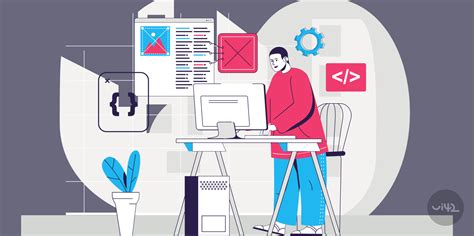 Ilustrácia osoby pracujúcej pri počítači s grafmi a úspešnými ukazovateľmi