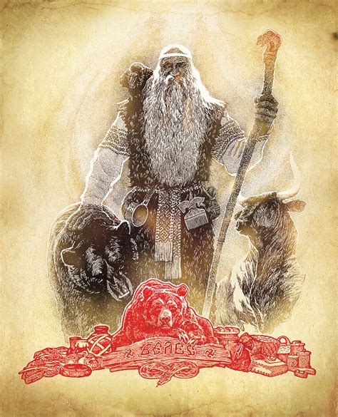 Slovanský boh Veles s rohmi a symbolmi plodnosti