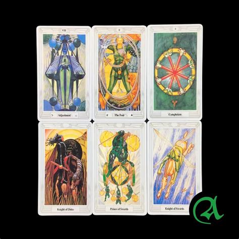 Detailná ilustrácia štyroch diskov s vyznačenými elementárnymi symbolmi na Thoth karte