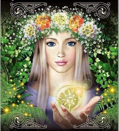 Slovanská bohyňa Lada v zlatom odeve uprostred jarnej prírody