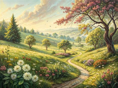 Ilustrácia jarnej prírody s rozkvitnutými kvetmi