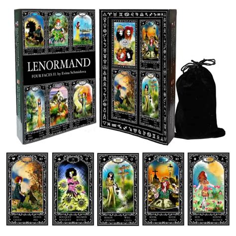 Thematic image of Lenormand cards laid out in a fan shape with a mystical background