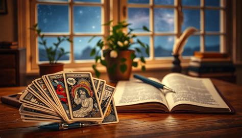 Starodávny balíček tarotových kariet rozložený na drevenom stole s horiacou sviečkou