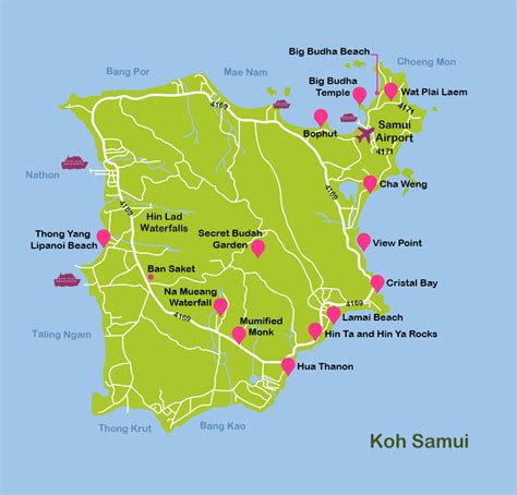 Mapa Koh Samui s hlavnými atrakciami
