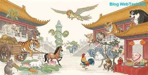 tradičná ilustrácia dvanástich zvierat čínskeho zverokruhu