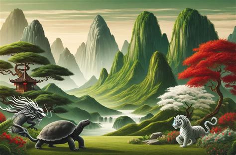 Ilustrácia štyroch nebeských strážcov Feng Shui