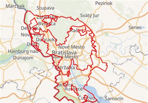 Mapa Bratislavy s vyznačenou mestskou časťou Rača