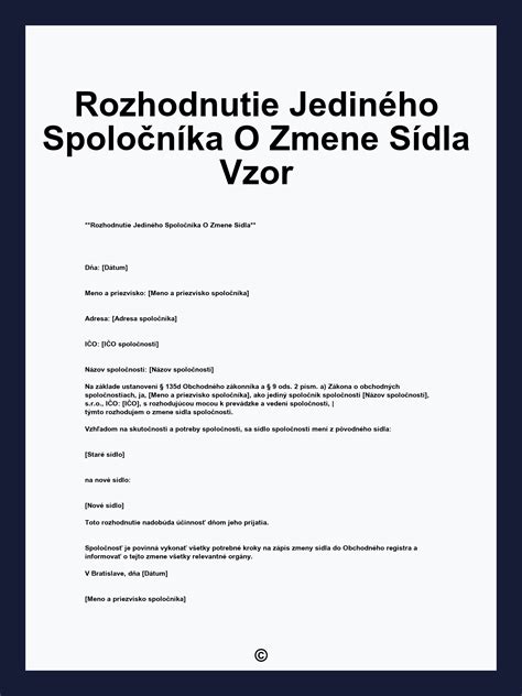 Štruktúra dokumentu pre rozhodnutie o zmene sídla